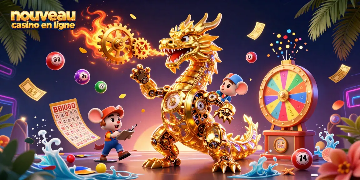 Illustration d'un nouveau casino en ligne mettant en avant un dragon doré avec des éléments de loterie dynamiques.