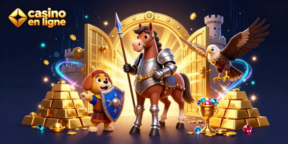Visuel captivant de jeux sur un casino en ligne, avec des personnages ludiques et des trésors scintillants.