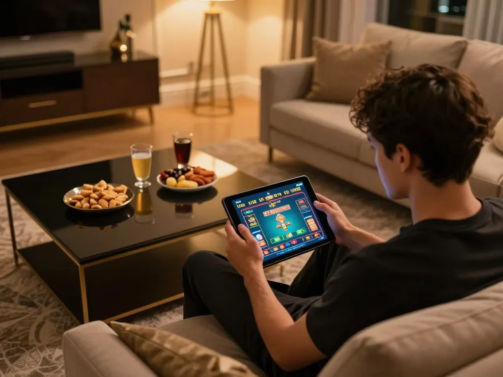 Engaging in online gaming at trang chủ fly88 with a tablet, showcasing a cozy home environment.