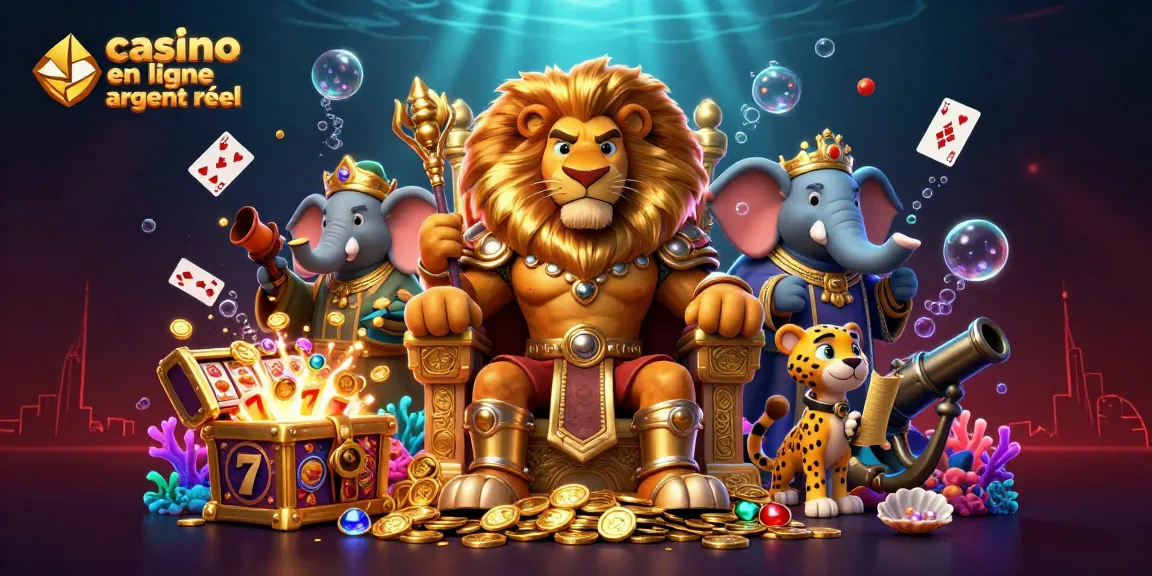 Jouez au casino en ligne argent réel avec un roi lion, un éléphant sage et un guépard messager dans une scène dynamique.