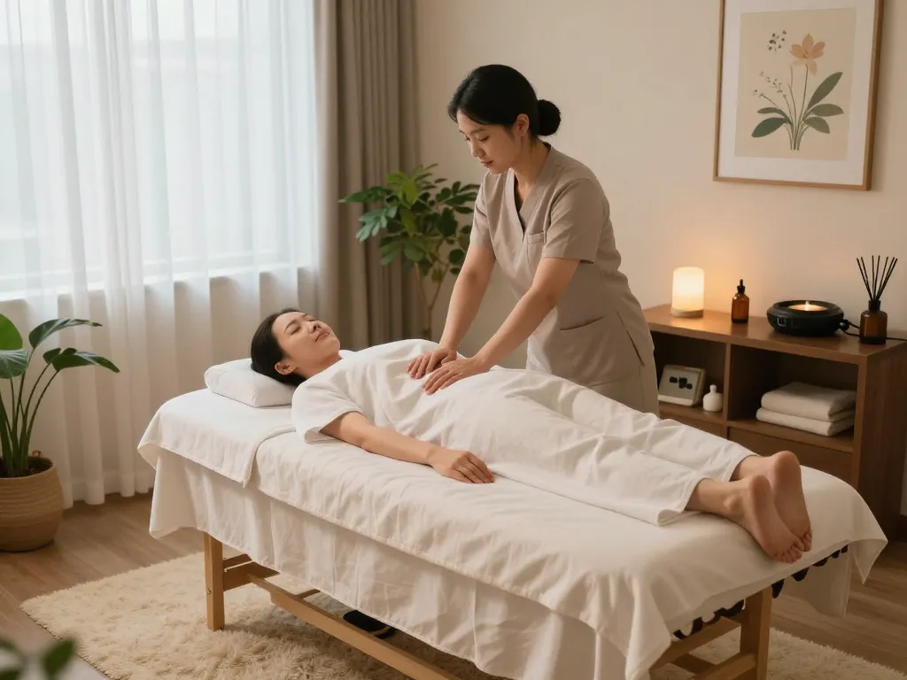 Relaxation during a 부전동마사지 session in a serene therapy room.