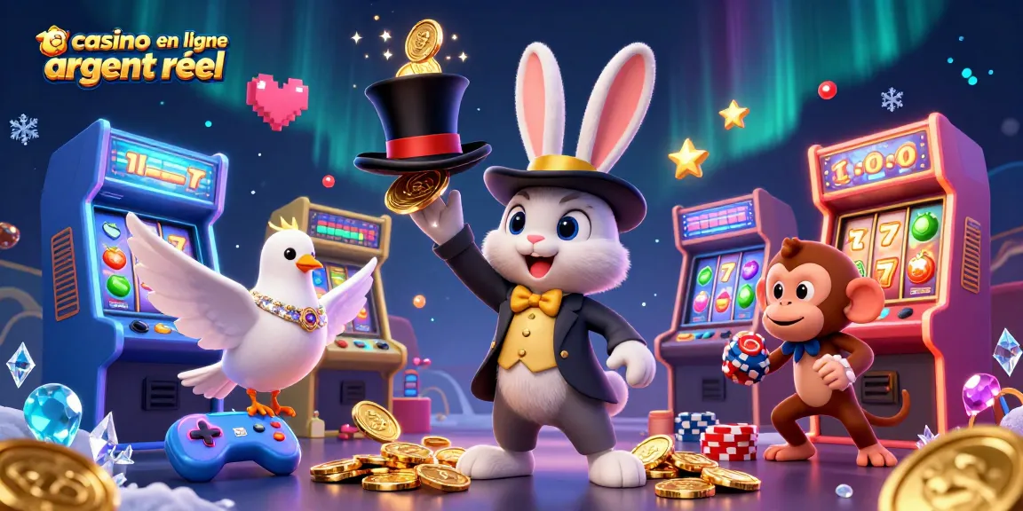 Illustration vibrante de casino en ligne argent réel avec un magicien, des pièces dorées, et des jeux colorés.