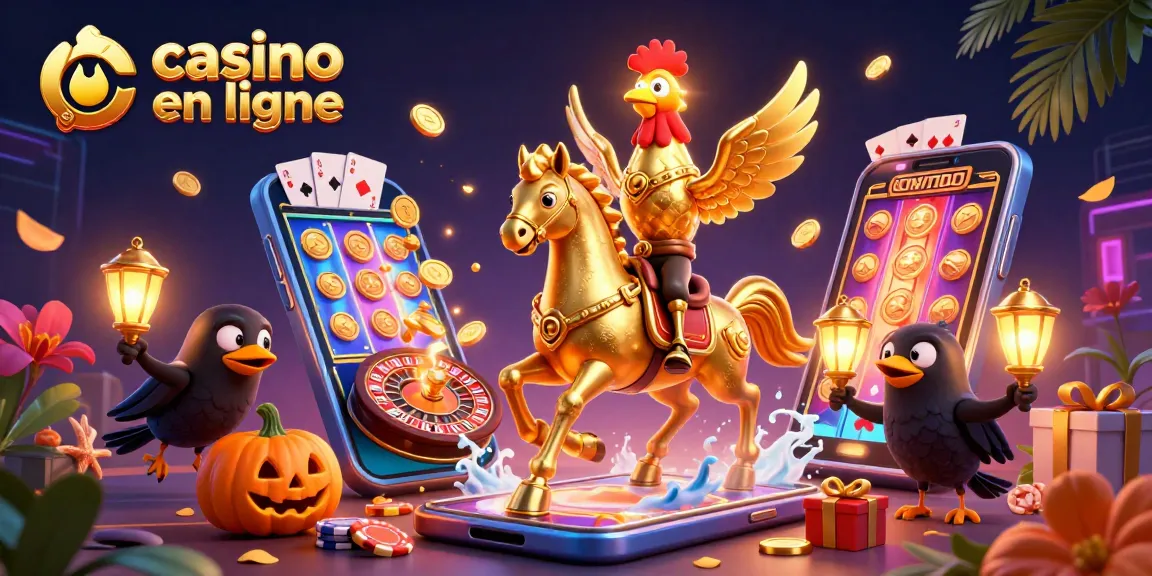 Visualisez un casino en ligne vibrant avec un coq doré porteur d'idées d'aventure.