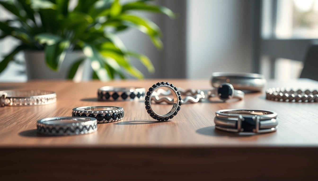 Showcase of premium men’s jewelry, highlighting a stunning silver ring with black gemstones.