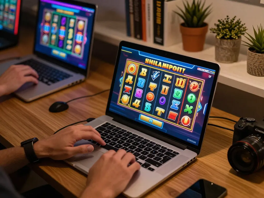 Playing slot games online, user excitedly pressing spin button on colorful slot machine.