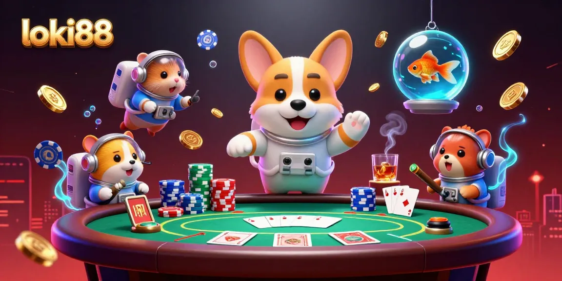 Engage with loki88 in a vibrant 3D casino space scene filled with poker chips and whimsical characters.