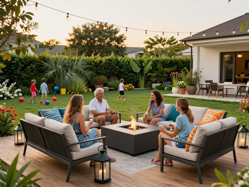 Outdoor living configurator in a charming family gathering scene around a fire pit, showcasing vibrant decor and summer ambiance.