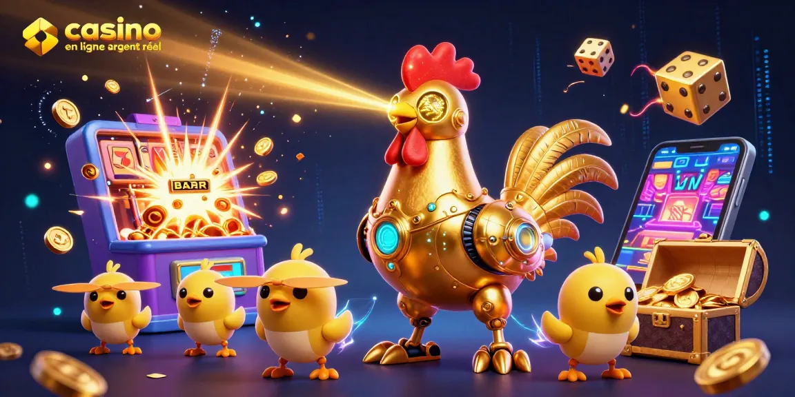 Supportez des gains incroyables avec le casino en ligne argent réel grâce à un robot coq futuriste vibrant.