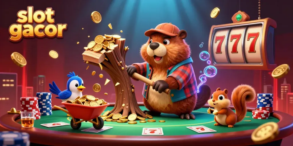 Slot gacor saat beaver kartun memotong pohon yang hujan koin emas dalam ilustrasi 3D menakjubkan.