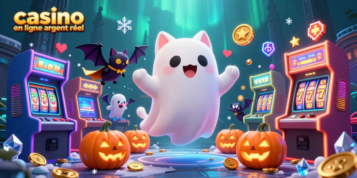 Jouez à casino en ligne argent réel avec l'illustration 3D captivante d'un chat fantôme et des éléments de jeu.