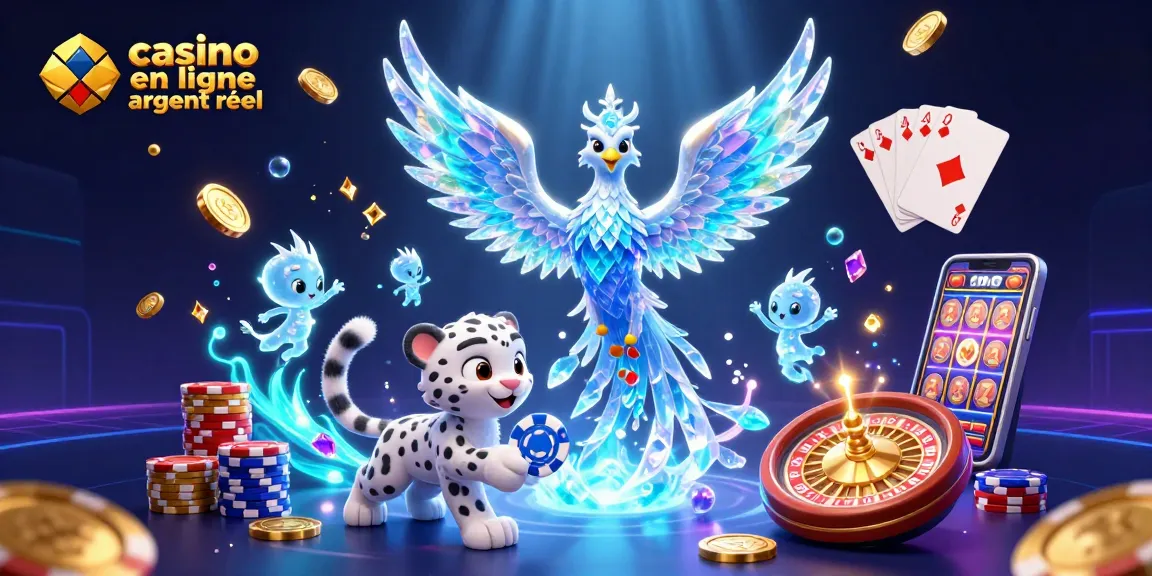 Profitez du jeu responsable sur casino en ligne argent réel avec cette illustration dynamique d'un phoenix de glace et d'autres éléments captivants.