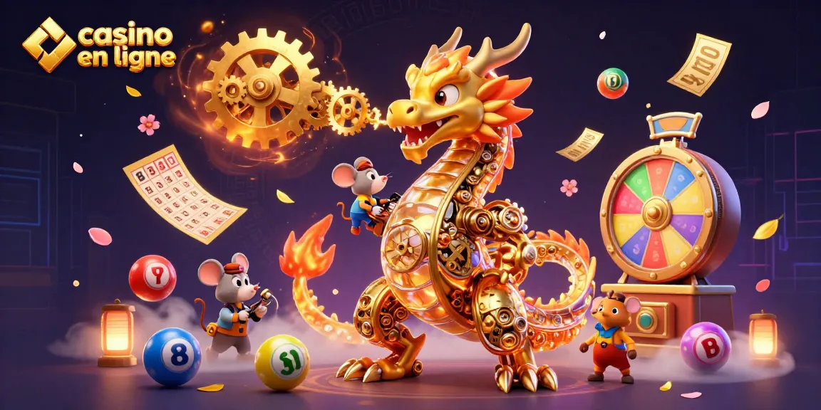 Jouez dans un casino en ligne, où un dragon doré crache des rouages dorés entouré de boules de loterie colorées.