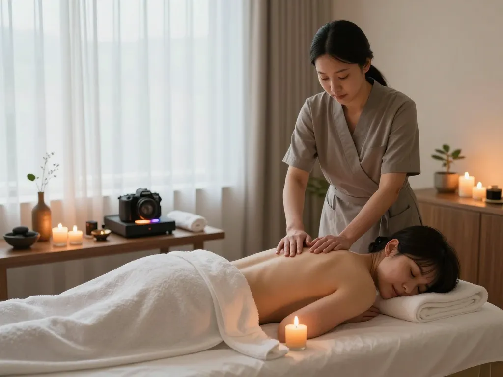 Tranquil massage room with warm oil for 강남스웨디시 therapy, creating a relaxing atmosphere.