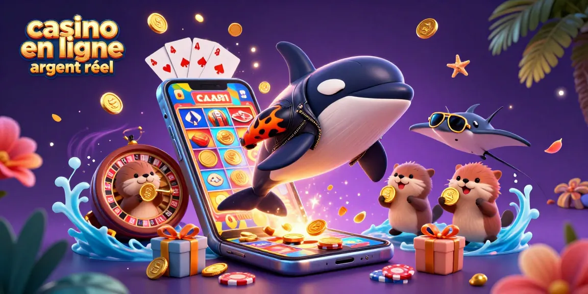 Les otaries flottent avec des pièces d'or pendant que l'orque et la raie s'amusent dans un casino en ligne argent réel.