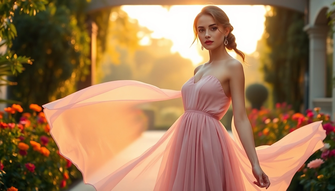 Chiffon jurk van elegante mode model in een bloeiende tuin met prachtige kleuren.