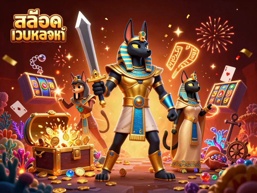 ภาพคอมโพสน่าสนใจเห็นการต่อสู้ของนักรบอียิปต์ Anubis กับ Bastet ที่รวมกันในธีมสล็อตเว็บตรงแท้