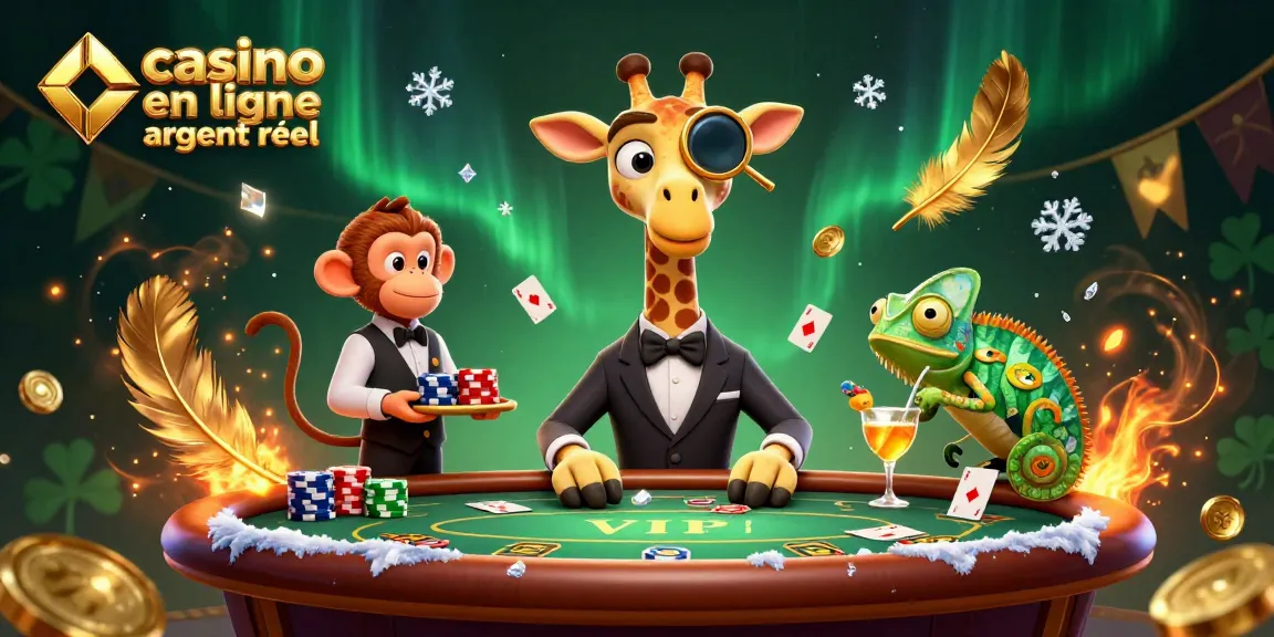 Illustration immersive d'une scène de poker avec une girafe joueuse, un valet et un barman, sur un casino en ligne argent réel