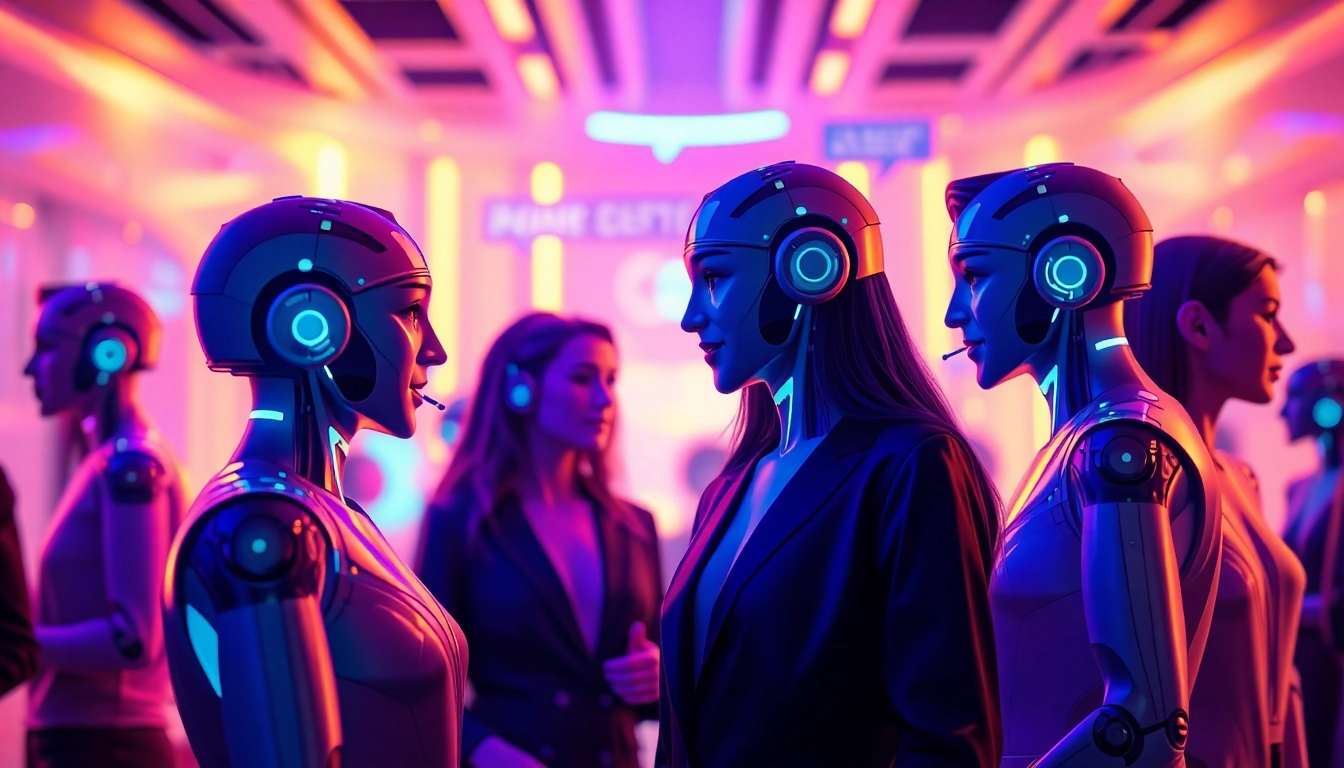 Dynamic scene of engaging sex chat AI avatars in a vibrant digital chat room