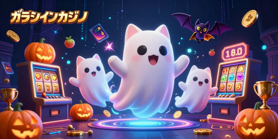 オンラインカジノの魅力を表現した、スロットや幽霊猫がいるカジノの3Dイラスト