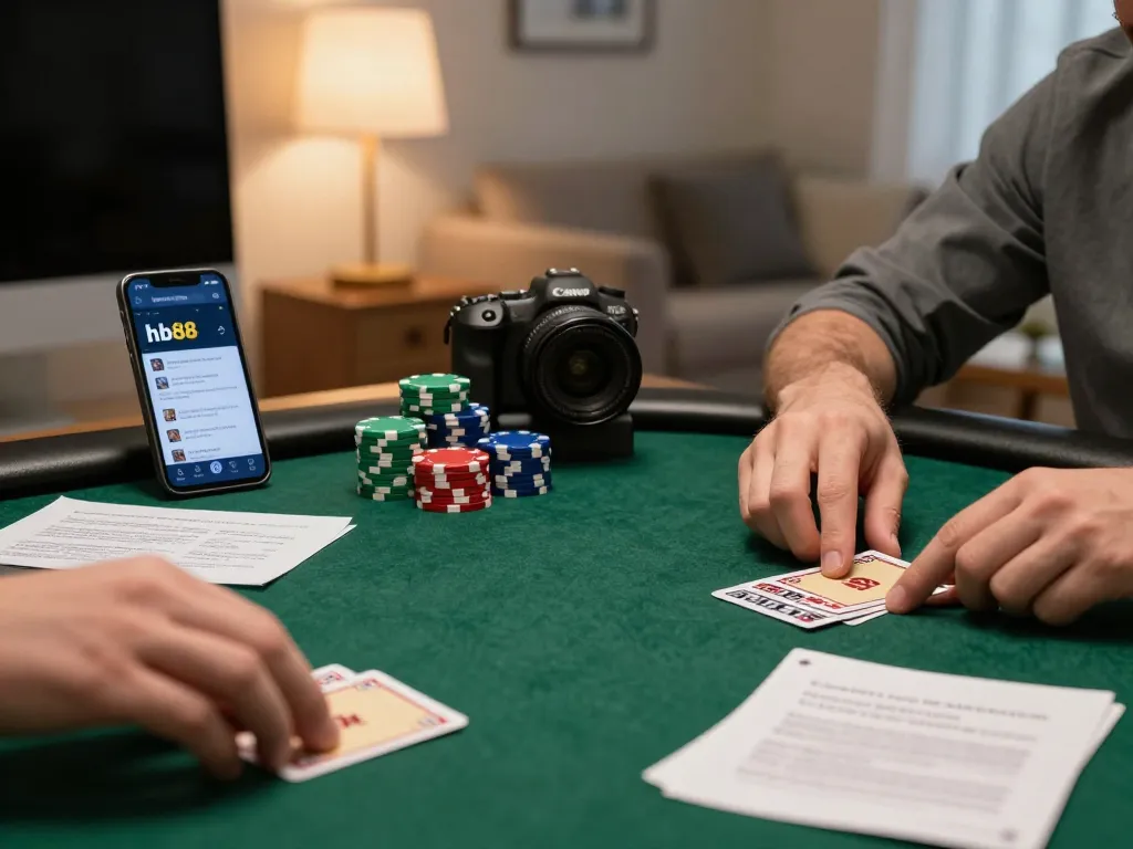 Playing online poker on hb88 app with chips stacked, showcasing strategic gameplay.