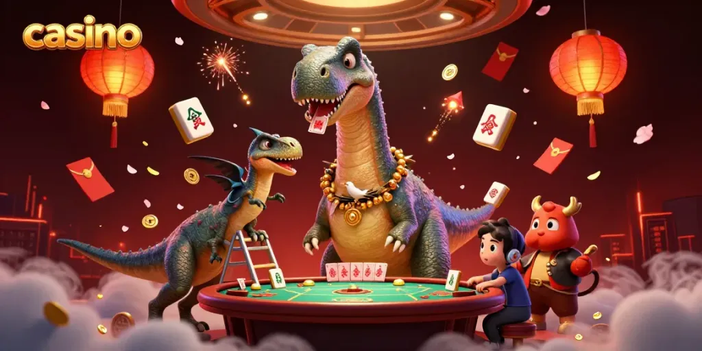 Experience an epic casino scene featuring a towering brontosaurus and dynamic card dealing in a vibrant atmosphere.