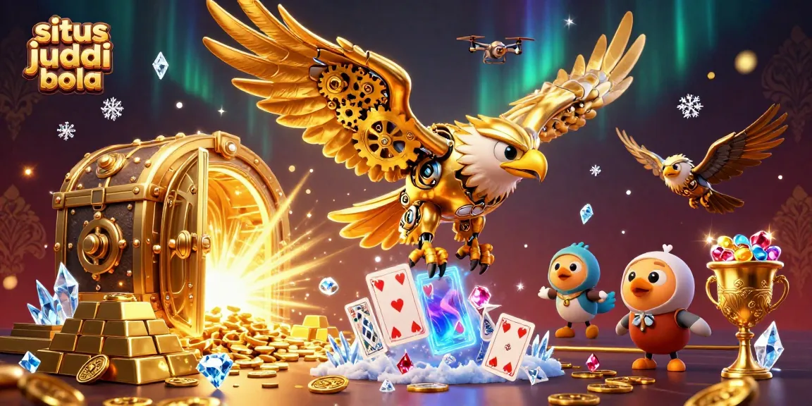 Experience situs judi bola action with a cybernetic eagle amid holographic cards and a treasure vault scene.