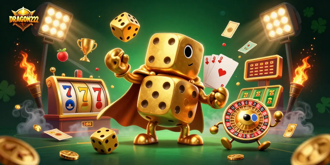 Spin and win with DRAGON222 in this vibrant casino illustration featuring golden dice and game elements.