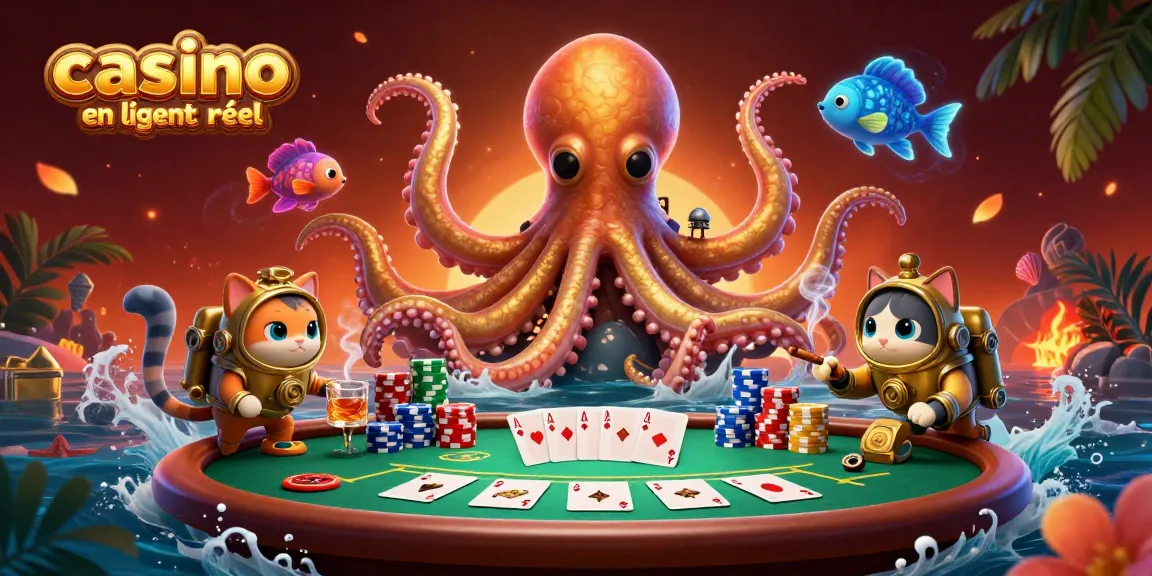 Jouez au casino en ligne argent réel avec une illustration captivante de créatures marines et éléments de poker.