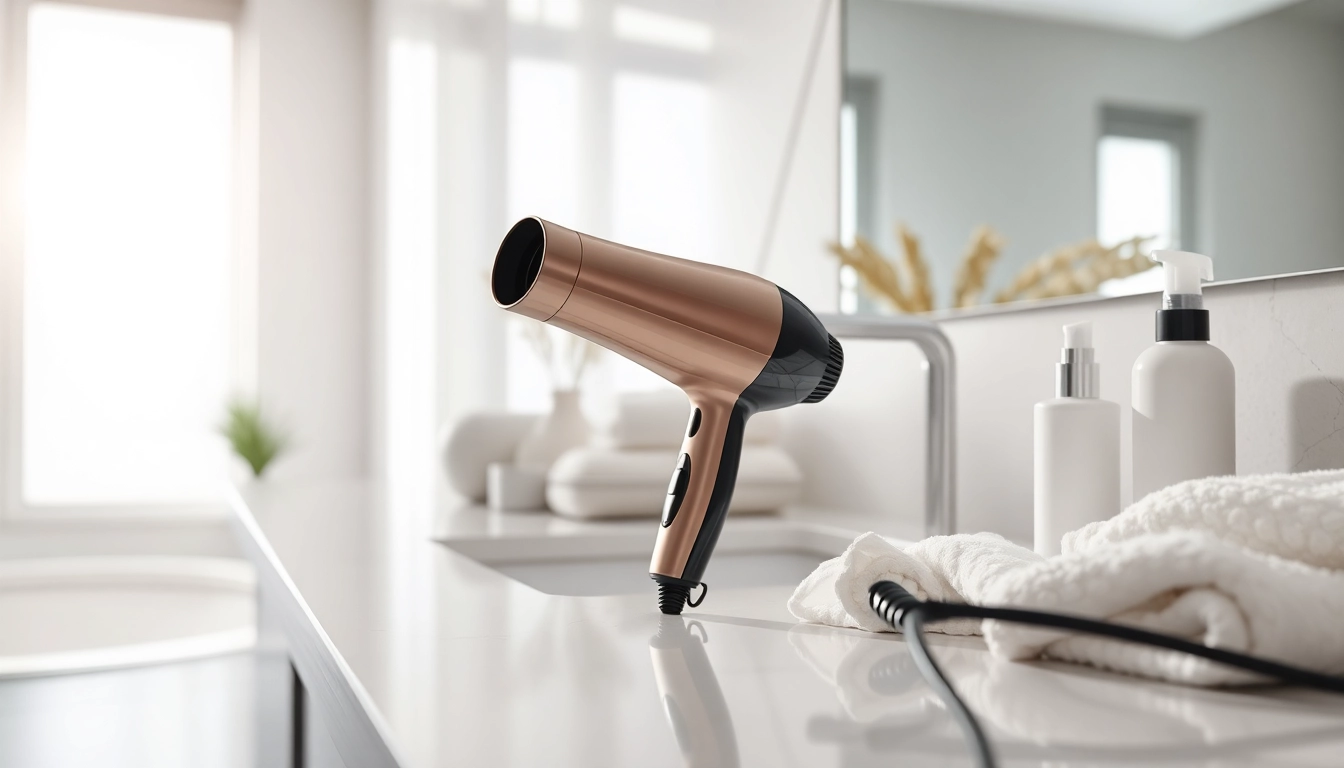 Styling with a hair dryer for fine hair on a beautiful vanity setup.