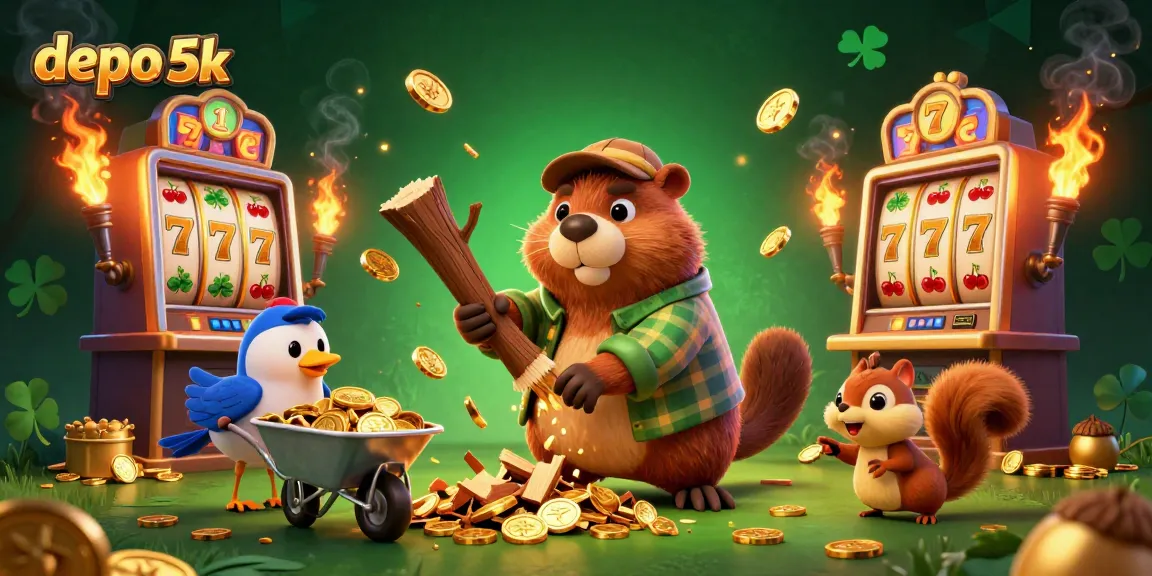Vibrant scene showcasing depo 5k with cartoon characters celebrating casino riches amid golden coins and slot machine excitement.
