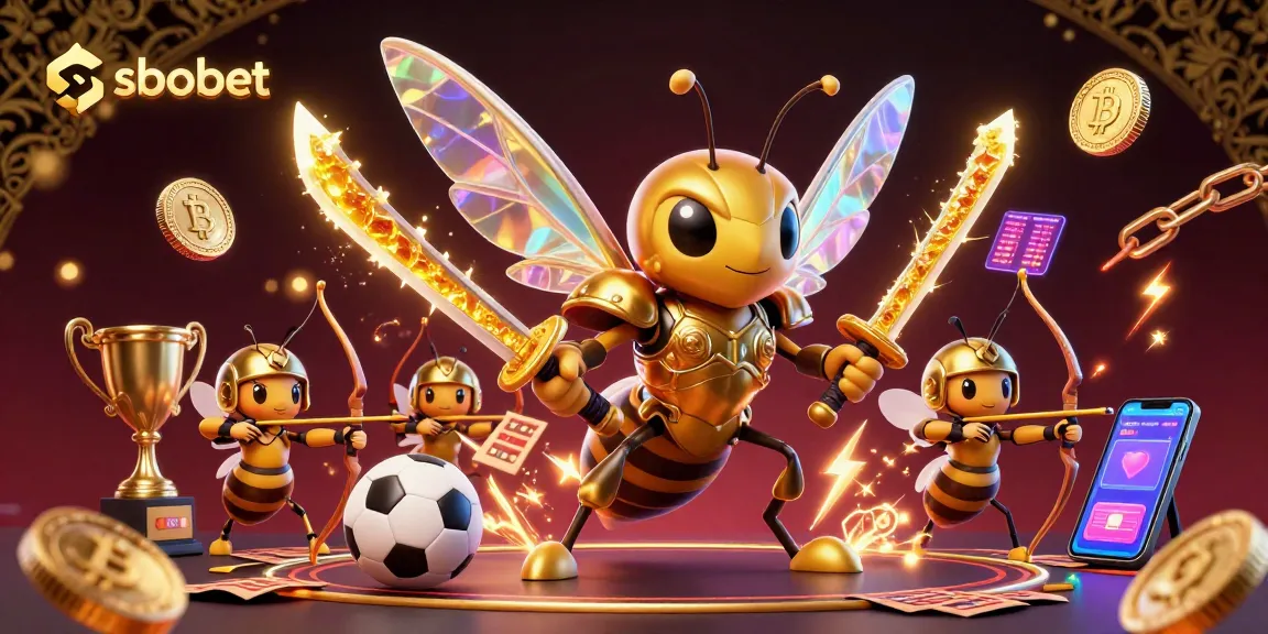 SBOBET sports betting illustration featuring a samurai hornet with dynamic casino elements including soccer balls and betting slips.