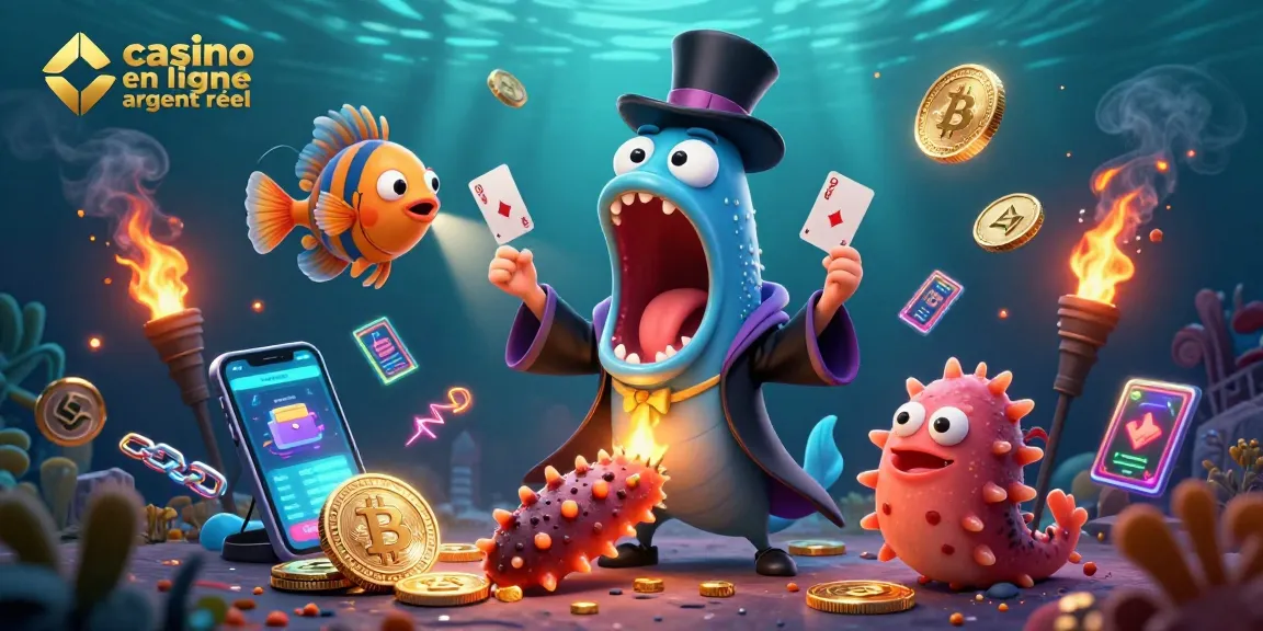 Découvrez l'illustration d'un casino en ligne argent réel captivant avec une anguille et des éléments de jeu.