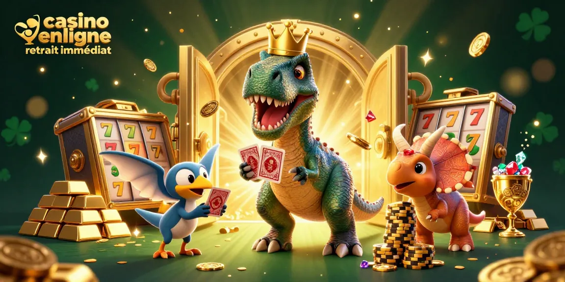Illustration d'une scène de casino en ligne retrait immédiat avec des dinosaures jouant aux cartes et empilant des jetons d'or.
