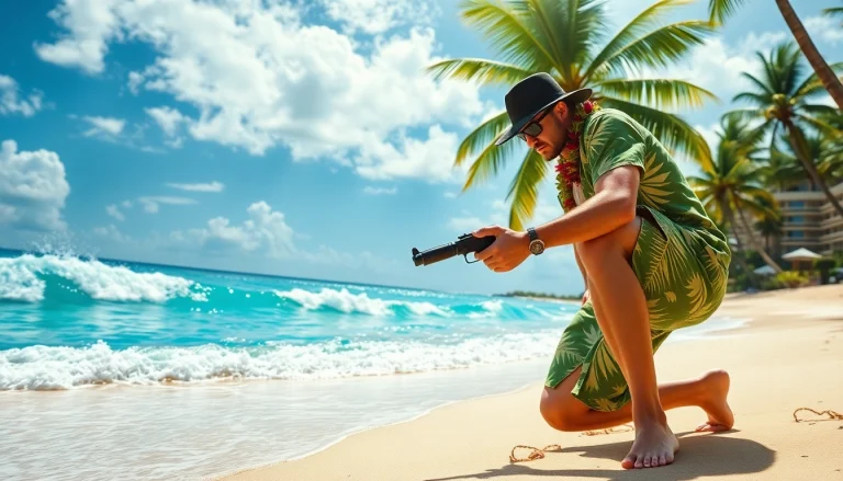 Aloha and Bullets action scene with an assassin on a Hawaiian beach aiming a weapon.