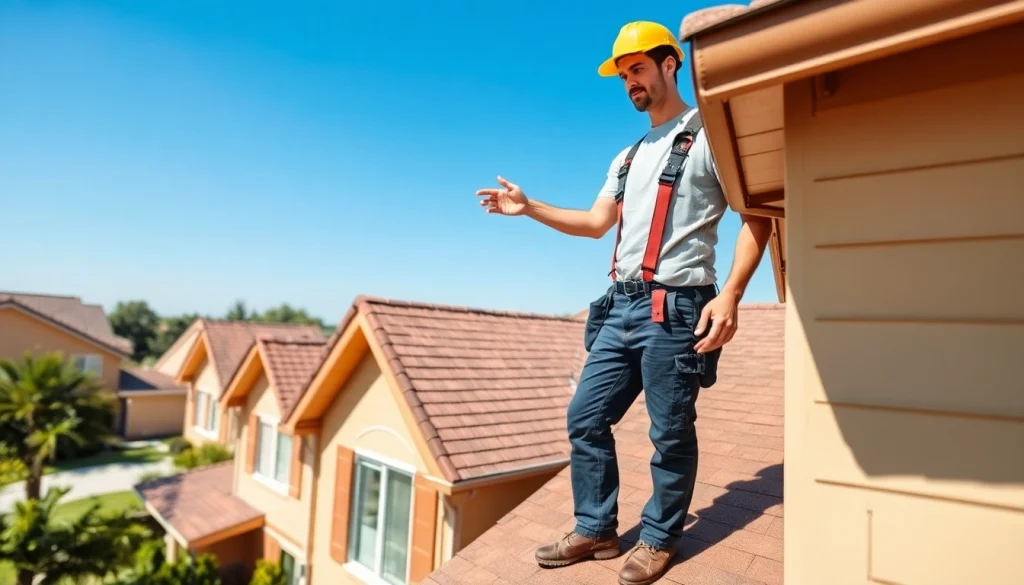 Showcasing reliable roofing services, a contractor inspects a residential roof with expertise in a vibrant neighborhood.