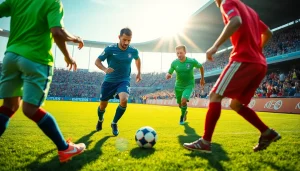 Showcasing vibrant team kit uniforms on soccer players in action during a match.