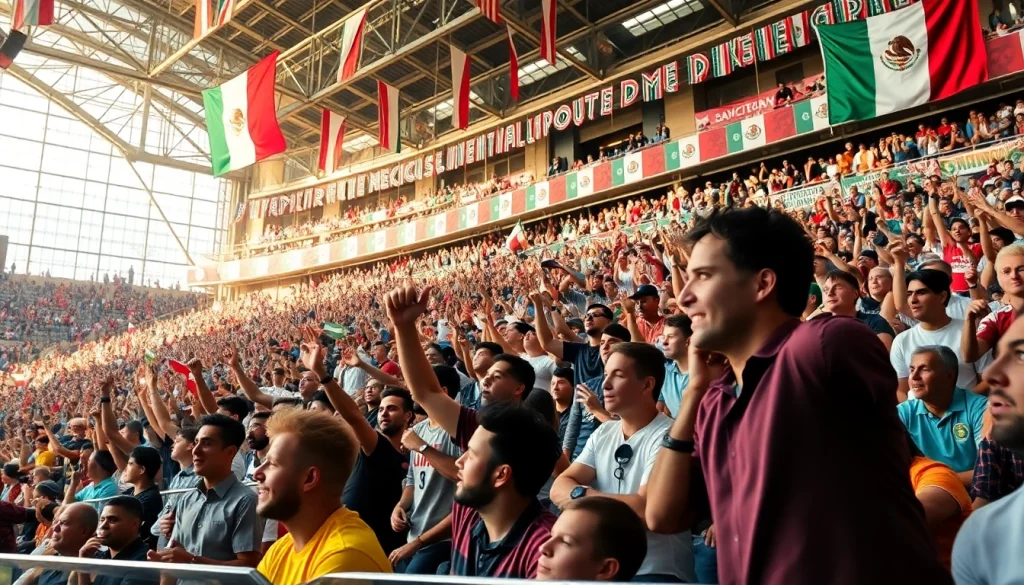 Enthusiastic fans enjoying sports betting in Mexico at a vibrant stadium.