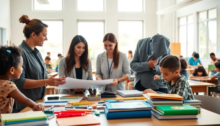 Engaging Learning Environment showcasing Education with Teachers and Students Collaborating.