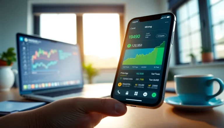 A user exploring a crypto mining app on a smartphone in a modern workspace.
