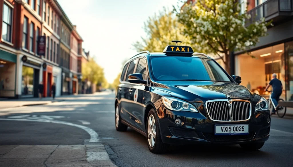 Hire West bridgford Taxi featuring a sleek black cab parked in a bustling city street setting.