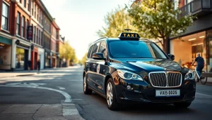 Hire West bridgford Taxi featuring a sleek black cab parked in a bustling city street setting.