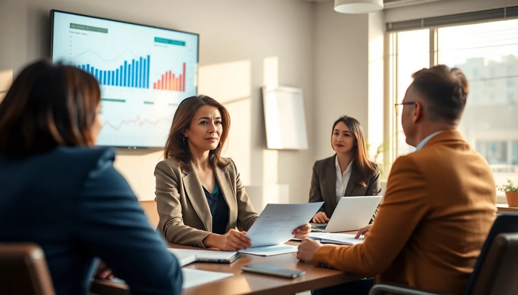 Investment management San Antonio advisor consulting with clients in a bright office setting.
