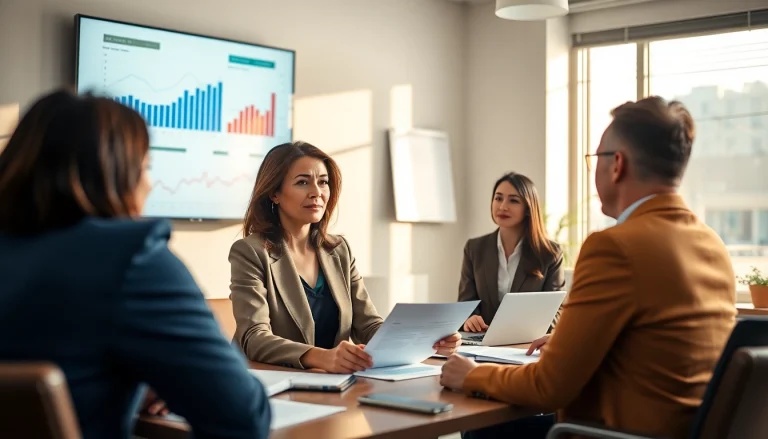 Investment management San Antonio advisor consulting with clients in a bright office setting.