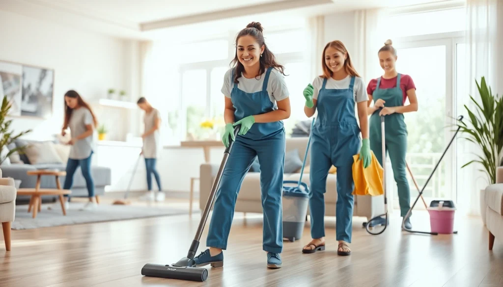 Cleaning Service professionals actively cleaning a bright, welcoming living room space.