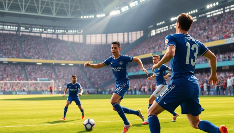 축구중계하고 있는 선수들이 활발한 경기 중인 장면을 보여줍니다.