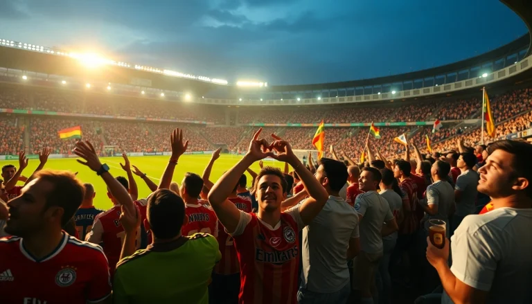 축구중계에 열광하는 관중들이 있는 축구 경기장 풍경