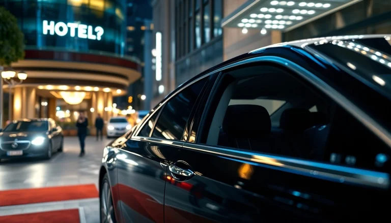 Experience Chauffeur Hire with a professional chauffeur by a luxury black car at a hotel.