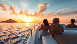 Experience breathtaking Cabo sunset cruise deals with a couple toasting on a yacht at sunset.