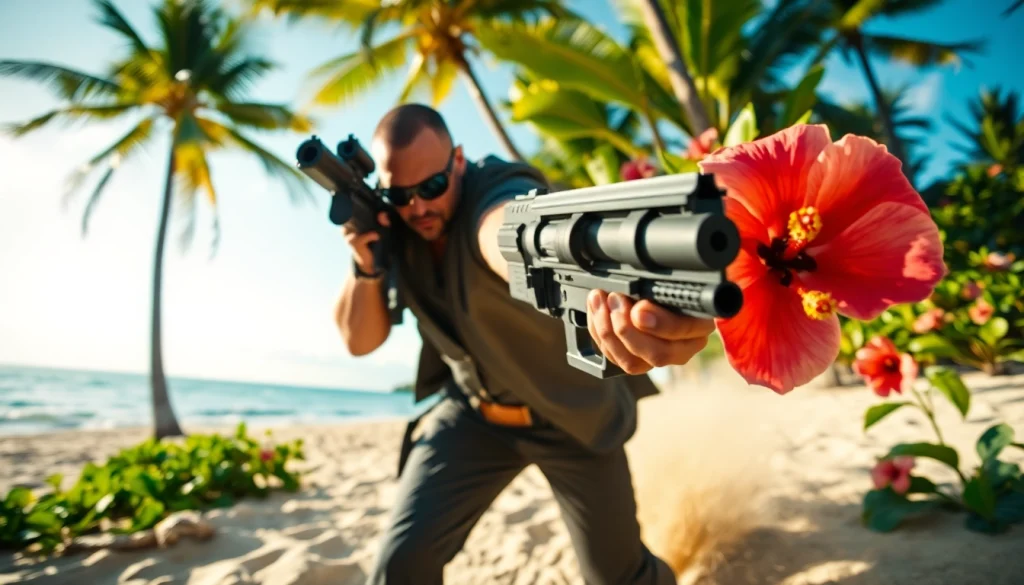 Action-packed scene from Aloha and Bullets showing Leroy Silver dodging bullets on a Hawaiian beach.