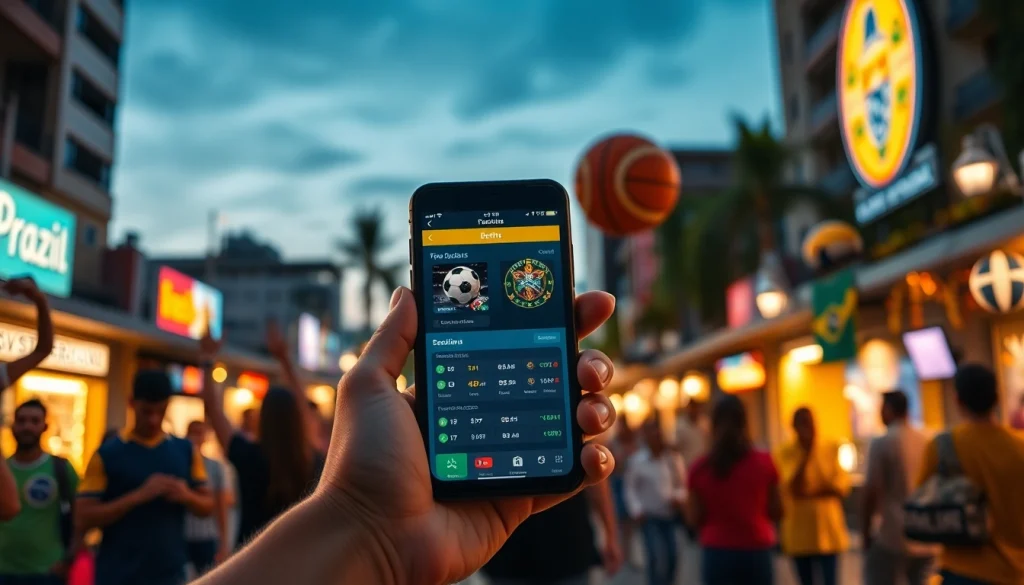 Engaging scene representing best sports betting sites in Brazil with enthusiastic bettors using mobile apps.